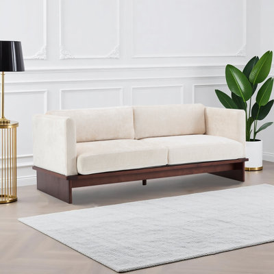 Canapé moderne à 3 places en tissu Boucle avec base en bois massif, canapé à accoudoirs carrés
