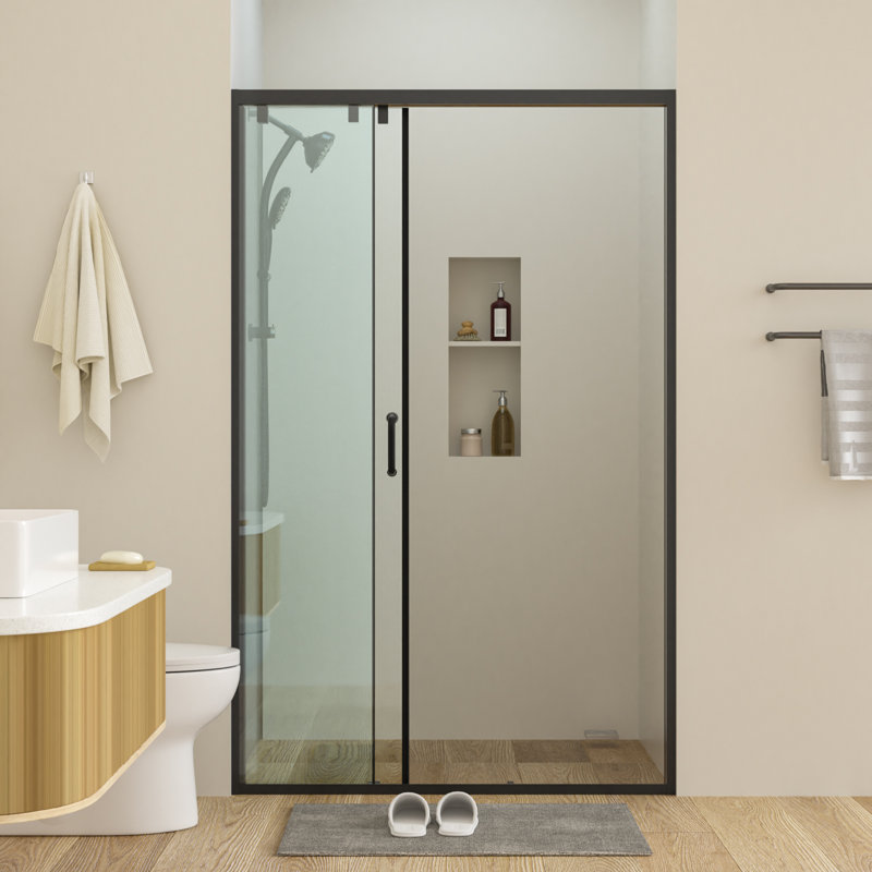 48"W x 72"H Matte Black 3-Panel Sliding Shower Door Semi-Frameless Shower Enclosure with 5/16" (8mm) Clear Tempered Glass
