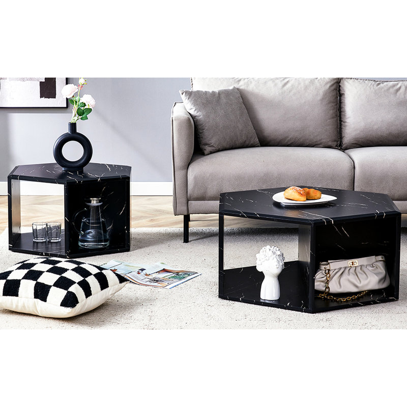 Duo de tables basses hexagonales - Esthétique noir et blanc, forme créative, options de rangement pratiques, matériau tendance facile à installer, look saisissant, espace pratique