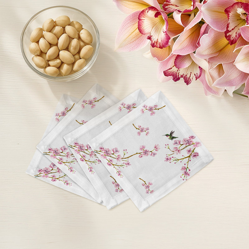 Blossom Fantasia Cotton Sateen Cocktail Napkins, White