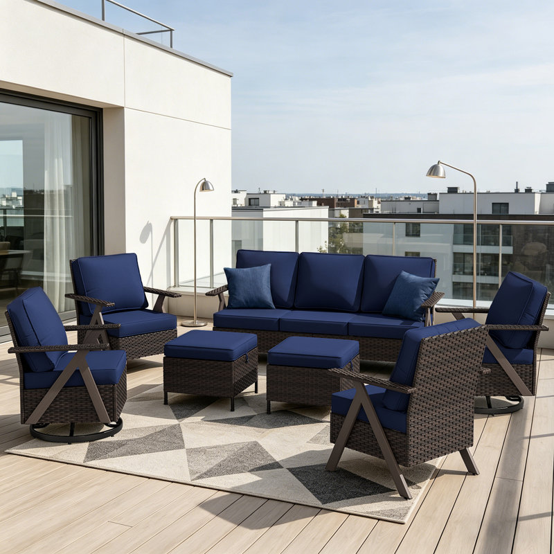 Ensemble 7 pièces d'extérieur en osier de patio avec canapé 3 places, 4 chaises, 2 repose-pieds et coussin bleu, Bleu