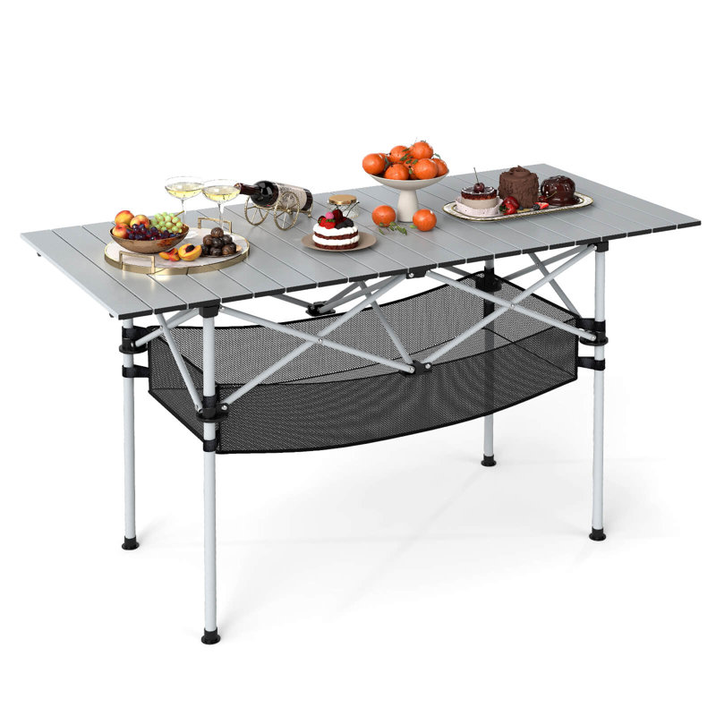 Patio Folding Camping Table with Aluminum Roll-up Tabletop & Mesh Basket , Silver Top/White Base