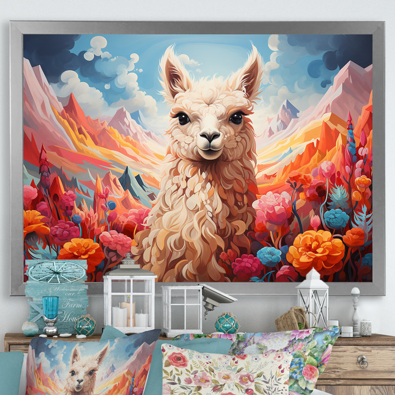 Enchanting Alpaca Valley - Alpaca, art mural, H 34 po x l 44 po x P 1,5 po, Cadre de coin argenté fermé