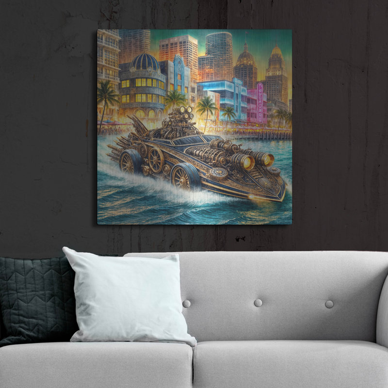 «Highland Dunes», bateau à vapeur Steampunk à Miami, par Rey Klimt, art mural en métal, H 36 po x l 36 po