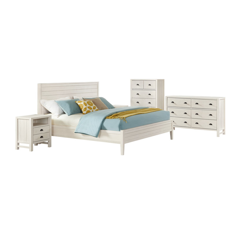 Arden 5-Piece Bedroom Set - Queen Bed, Two 2-Drawer Nightstands, 5-Drawer Chest, 6-Drawer Double Dresser, Solid Pine Wood, Light Driftwood Finish, Modern Rustic Style