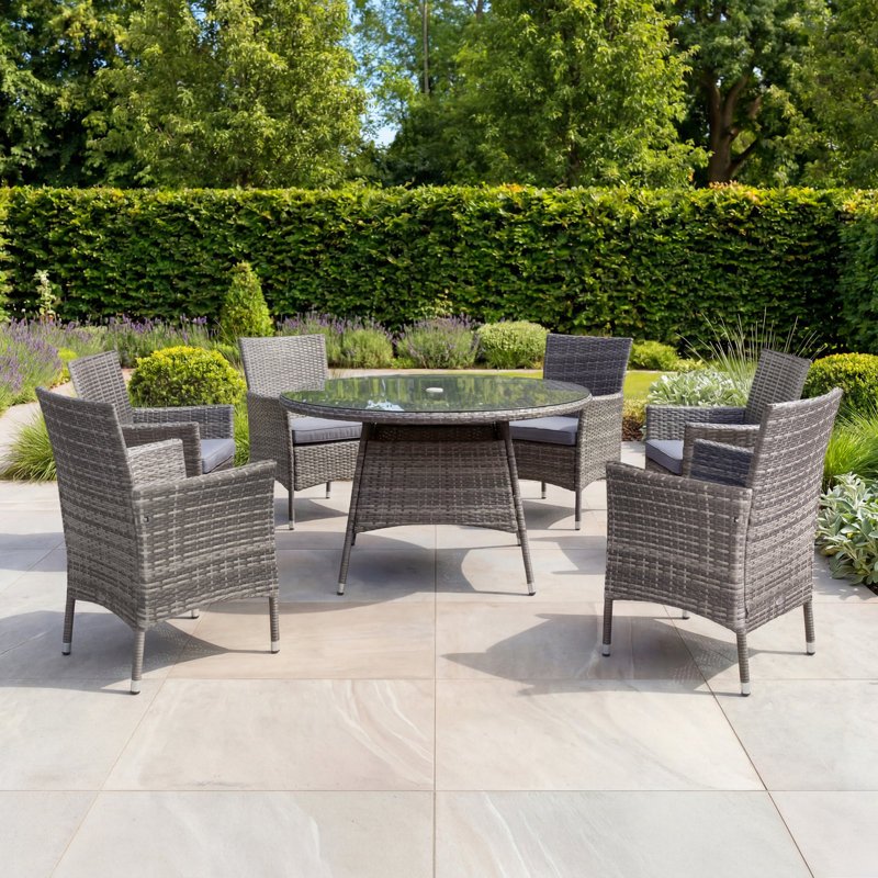 Round Metal Outdoor Dining Table With Umbrella Hole , cm W cm D, Grey, 74cm H x 110cm W x 110cm D