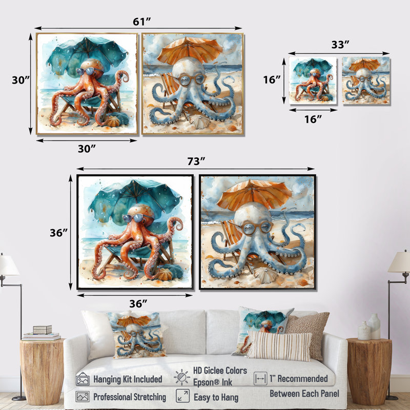 Pieuvre sur la plage à Hawaï I - décoration murale pieuvre / calmar - art mural moderne 2 pièces, Black, H 30 po x l 61 po
