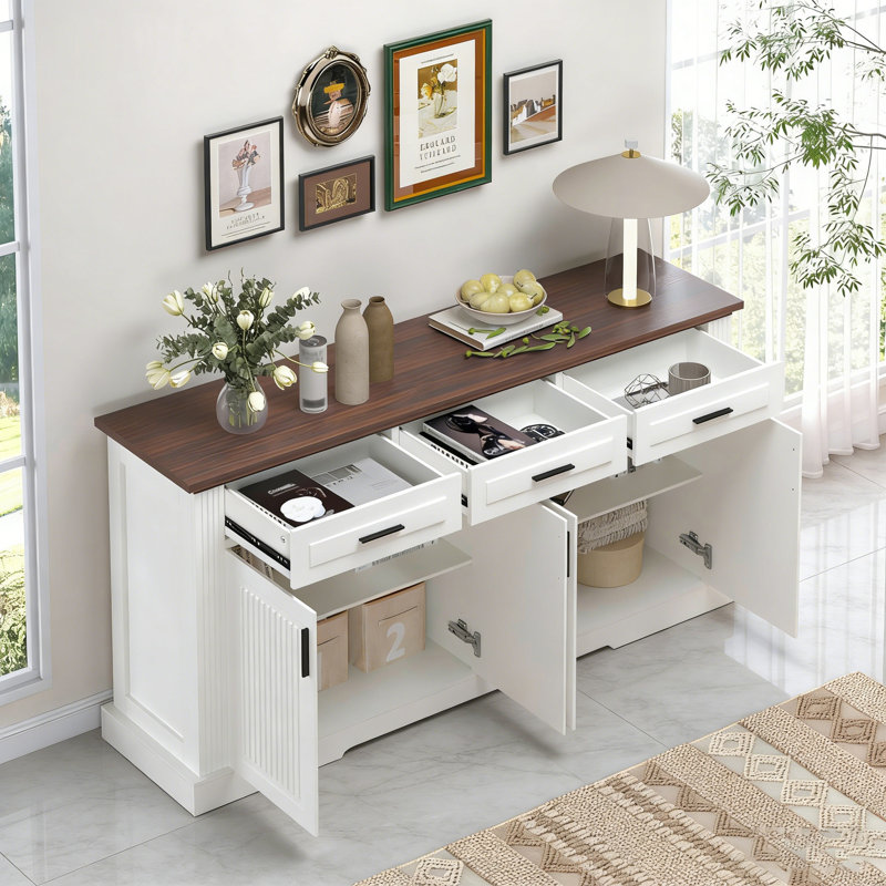 63" Fluted Sideboard Buffet Cabinet With Storage, Modern Coffee Bar Station With 4 Doors And 3 Drawers, Kitchen Storage Console Table For Living Room Dining Room Entryway