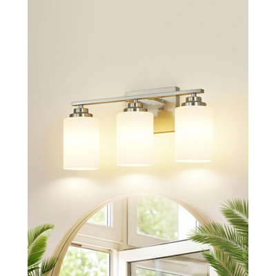 4-Light Bathroom Vanity Lighting Fixture, Modern Brushed Nickel Wall Sconce With Milky Glass Shades For Soft Illumination Over Mirror