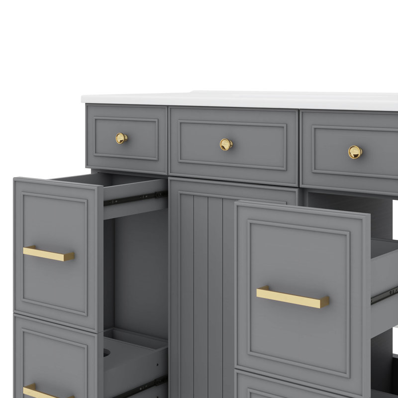 Meuble-lavabo 36 po avec lavabo en céramique, portes à fermeture douce, tablettes réglables et 3 tiroirs, Gris