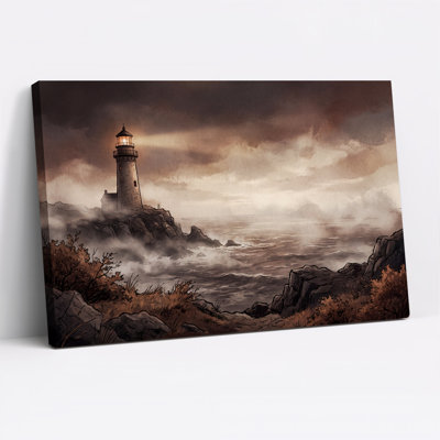 Art sur toile, "Phare sur une côte rocheuse en sépia"