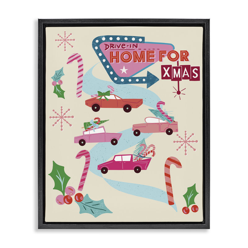 «Drive-In Christmas Fun», art mural encadré flottant, conception par Jo Reid, H 31 po x l 25 po, Cadre flottant noir de jais