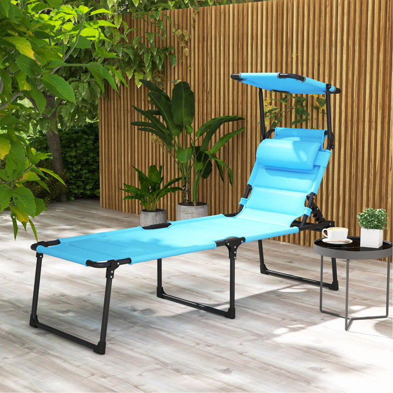 Chaise longue d'extérieur, chaise longue pliante à dossier réglable, chaise de bronzage coussinée avec toit pare-soleil et repose-tête pour plage, camping, randonnée, bleu clair