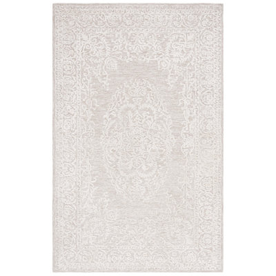 Tapis beige / ivoire en coton / laine / coton touffeté à la main avec envers en coton Precious