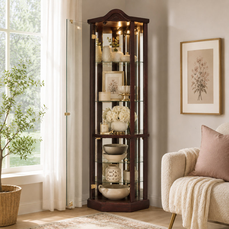 Élégante armoire d'angle sculptée à garniture en bois avec éclairage, cerisier, Cerisier