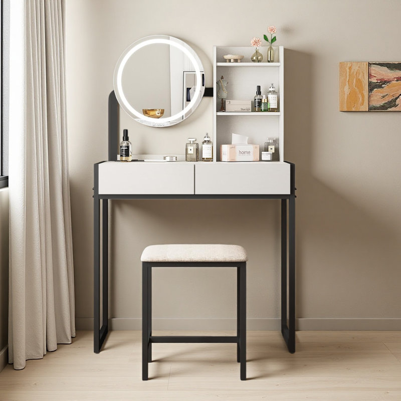 Petit bureau de coiffeuse avec miroir et lumières, coiffeuse de maquillage avec miroir à DEL, 3 modes d'éclairage, prise de courant, tiroir, tablettes ouvertes et tabouret rembourré pour la chambre à coucher