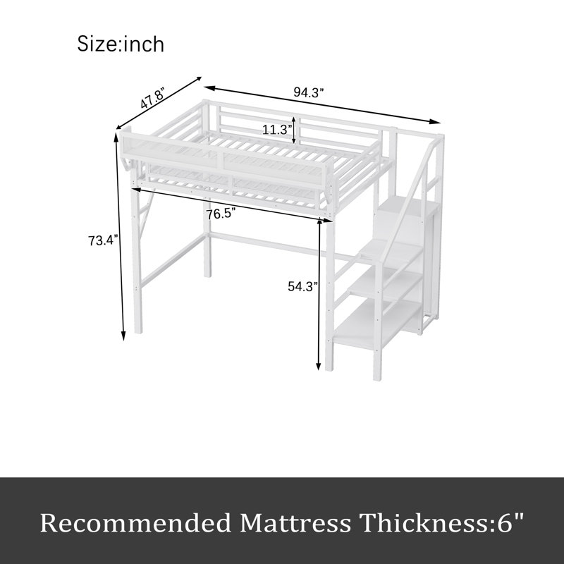 Lit mezzanine simple avec escalier, lit mezzanine double en métal avec tablettes de rangement, Blanc