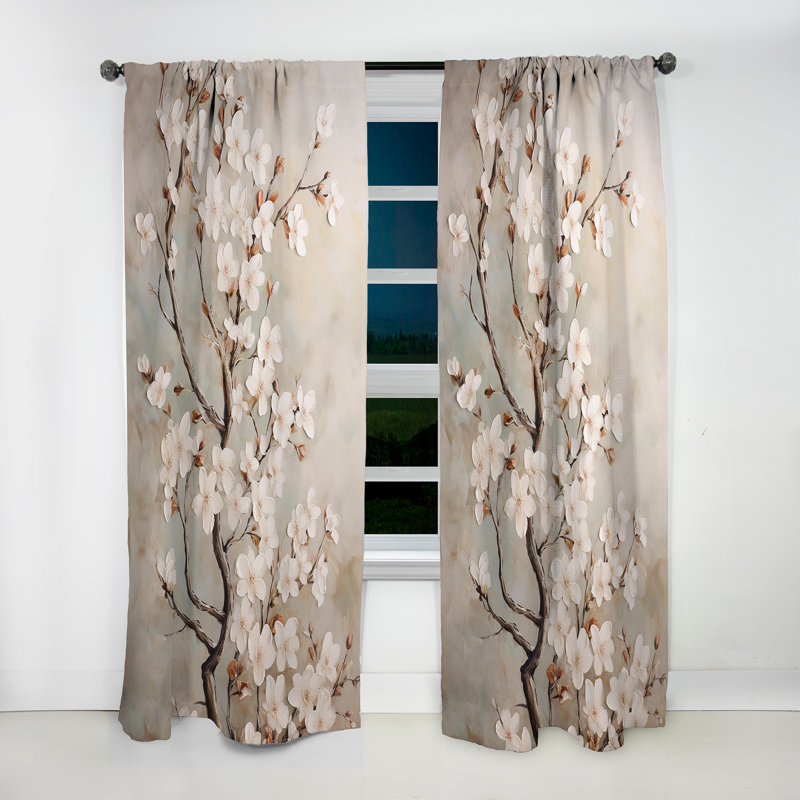Minimalism White And Grey Cherry Blossom III - Traditional Velvet Curtain - Room Darkening - 1 panel, 52" W x 84" L
