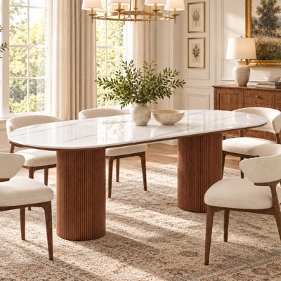  78.7" Oval Sintered Stone Dining Table with Brown Fluted Solid Wood Pedestals,  Modern Farmhouse Kitchen Table for 6-8 Persons, White Faux Marble Look Tabletop