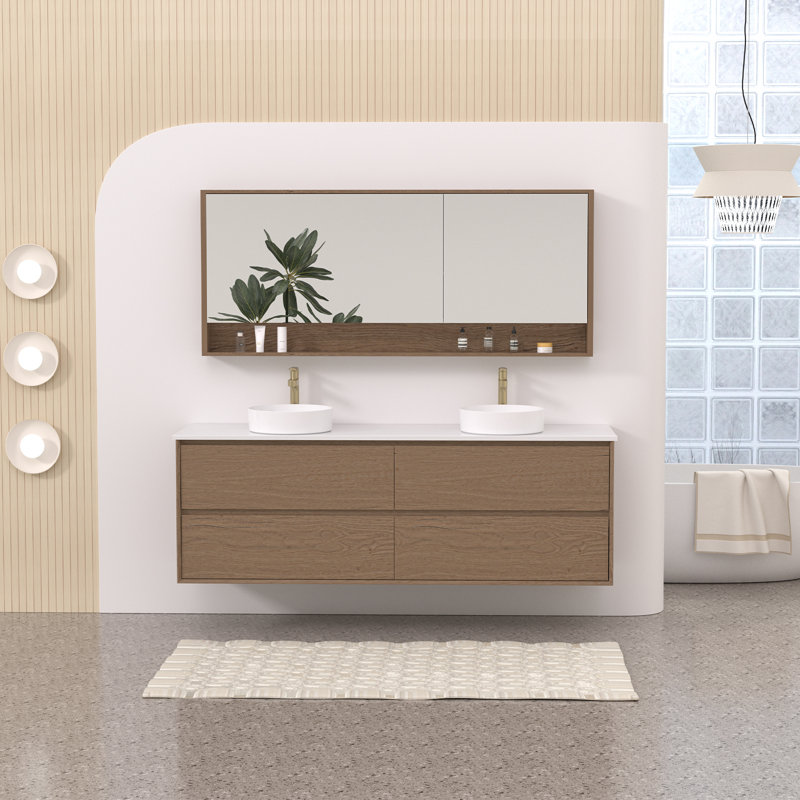 Meuble-lavabo double 72 po avec comptoir en quartz blanc et vasques en céramique, 72 po