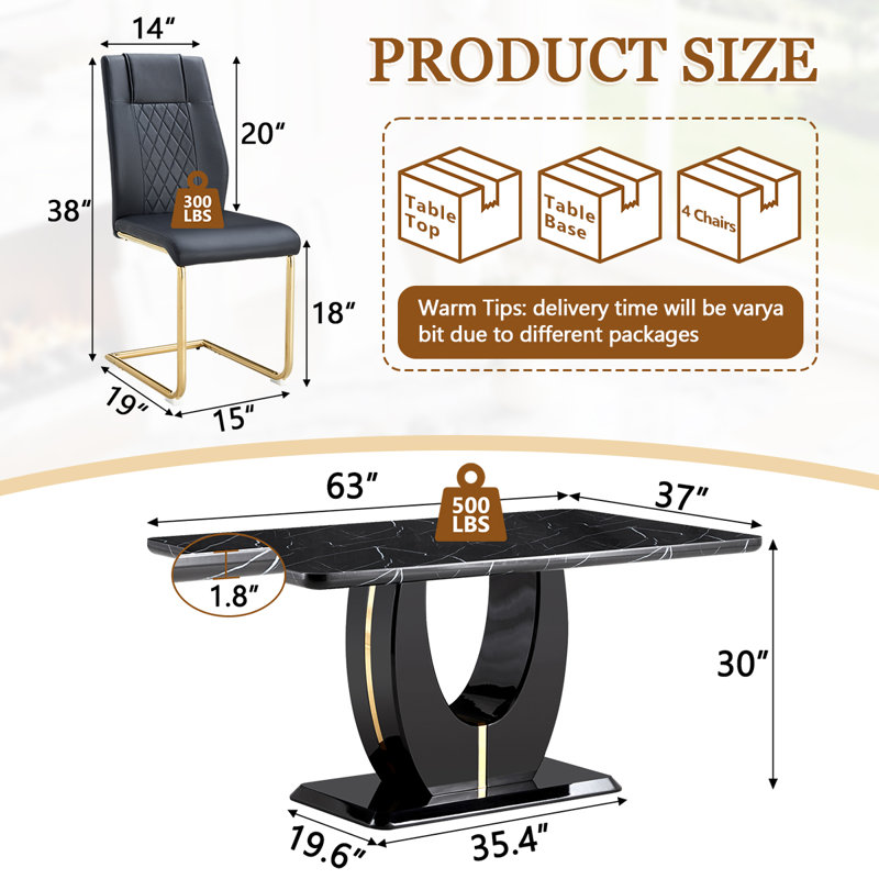 63″ Marble Patterned Dining Table Set for 4‑6 – Modern Rectangular Dining Table with Comfortable Chairs, Kitchen & Dining Room Set