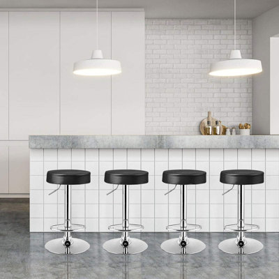 Set Of 4 Modern Swivel Backless PU Leather Bar Stools With Adjustable Height, Chrome Footrest, Metal Frame, Black