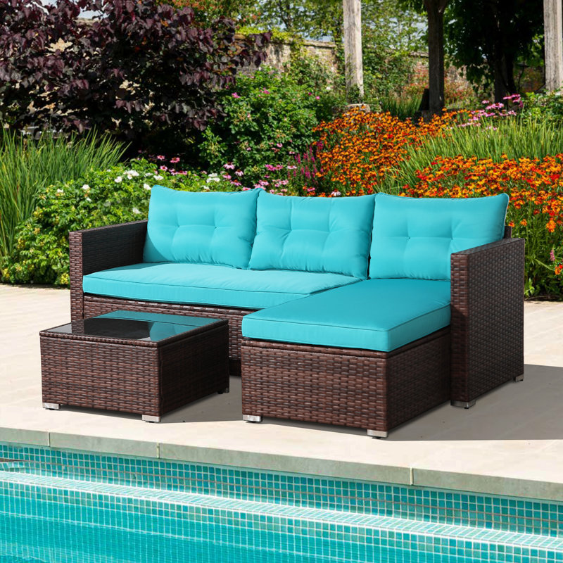Presious 3 Piece Rattan Sofa Seating Group with Cushions, Brown Frame/Turquoise Cushion