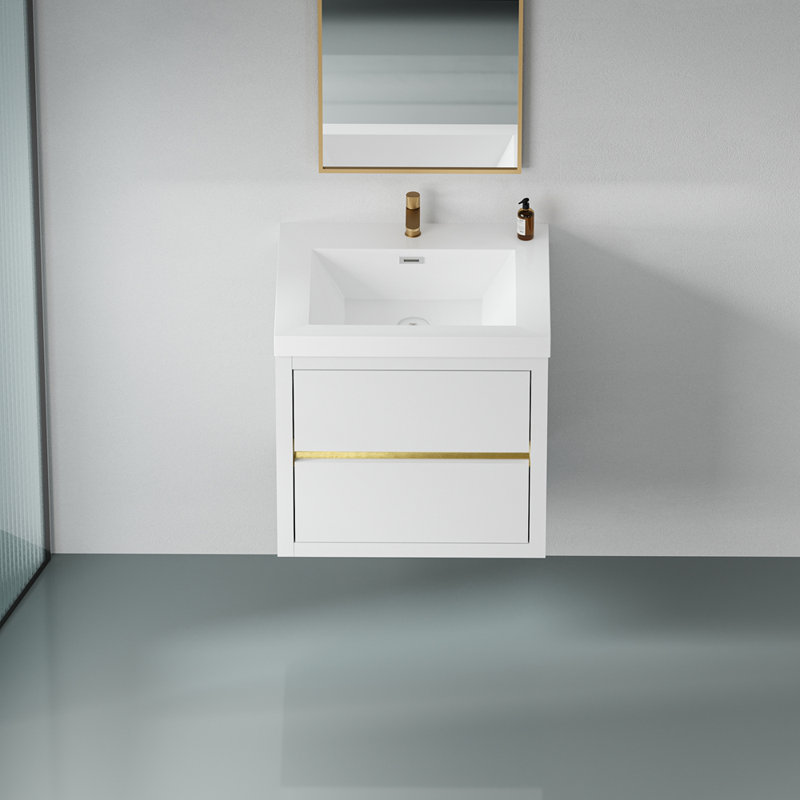 Meuble-lavabo mural 24 po avec lavabo, meuble de rangement flottant pour salle de bain avec comptoir en résine de pierre et tiroirs à fermeture en douceur
