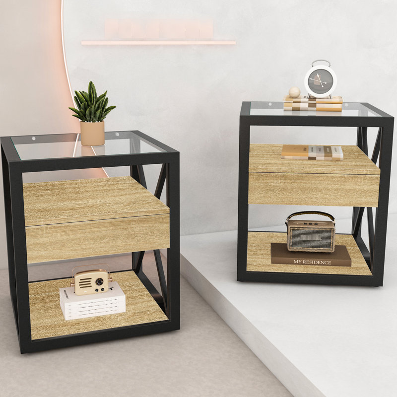Ensemble de 2 tables de bout modernes avec tiroir - table de chevet pour chambre à coucher et salon, panneau de fibres à densité moyenne en bois naturel et plateau en verre trempé, table d'appoint de style industriel