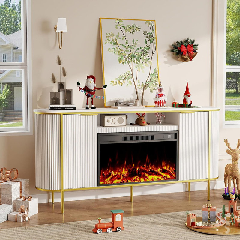 Meuble télé avec cheminée cannelée, blanc - centre de divertissement électrique moderne avec rangement pour le salon, console télé 70 po