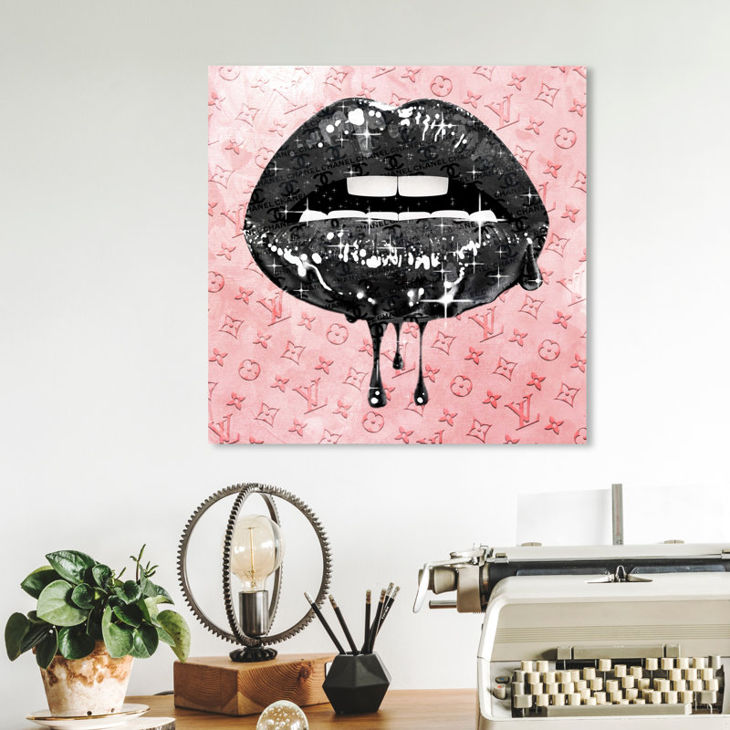 Fashion and Glam Noir and Blush Lips - impression d'art graphique, H 12 po x l 12 po x P 1,5 po, Toile tendue
