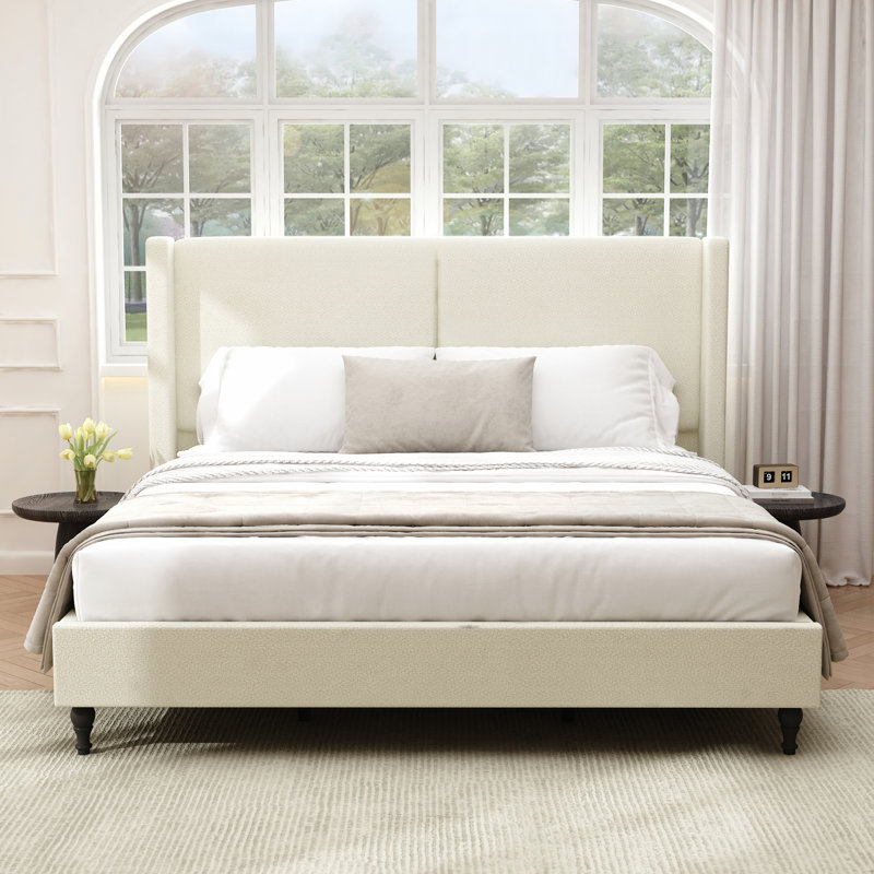 Très grande base de lit avec tête de lit tapissier à dossier haut 55,5 po, Beige, Très grand lit