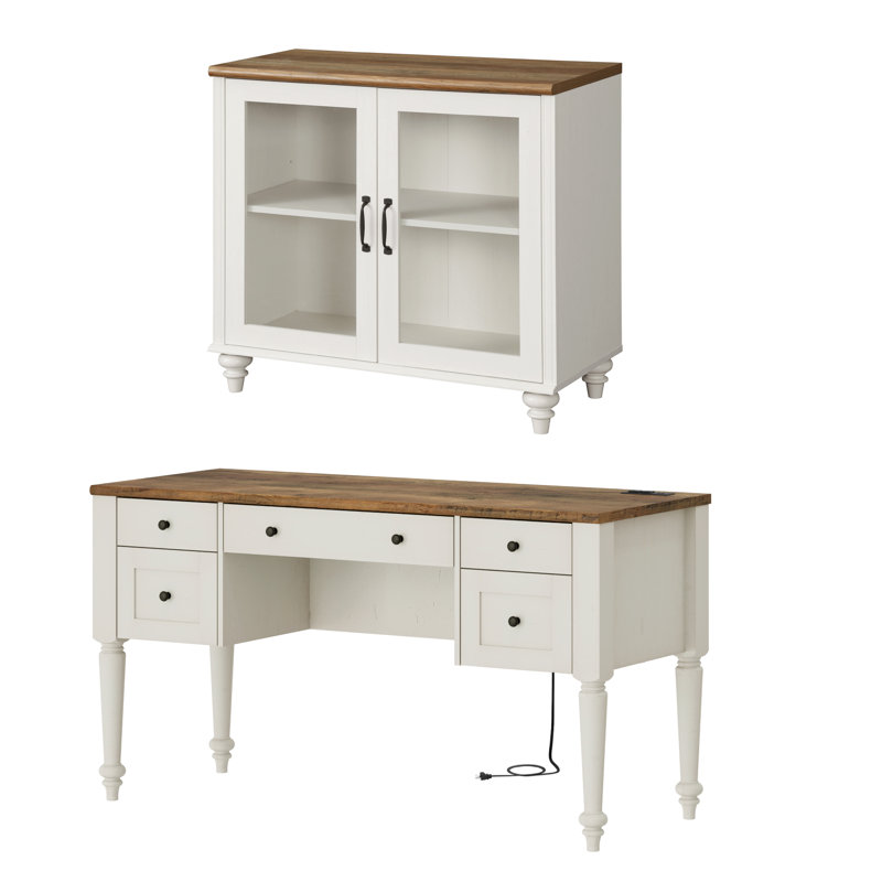 2 - Piece Office Set, 56" Executive Desk & Cabinet With Glass Door, Brown/White