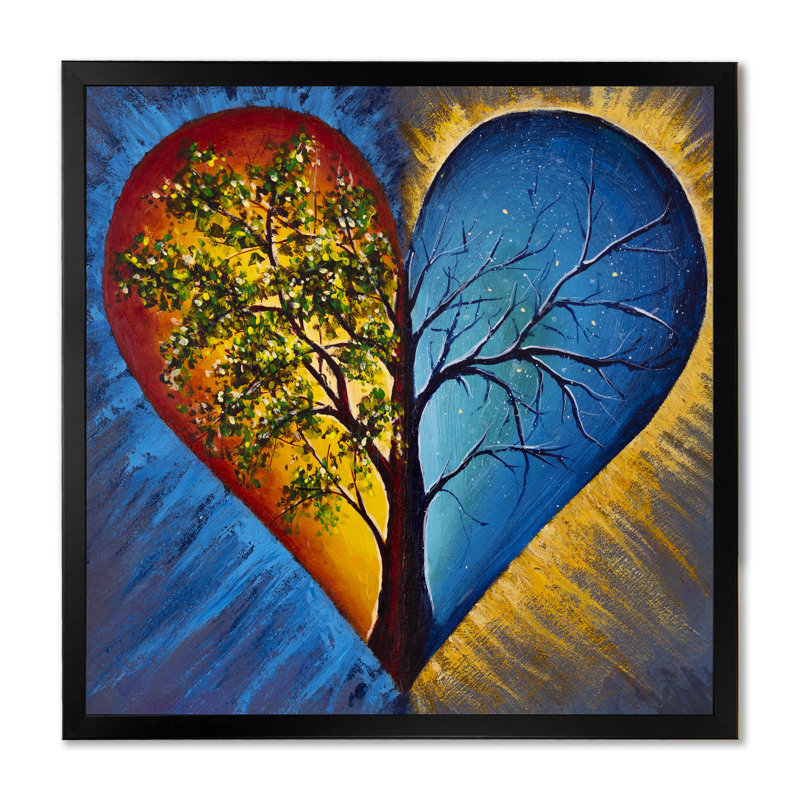 Arbre en bleu et orange - peinture, Cadre photo noir, H 16 po x l 16 po