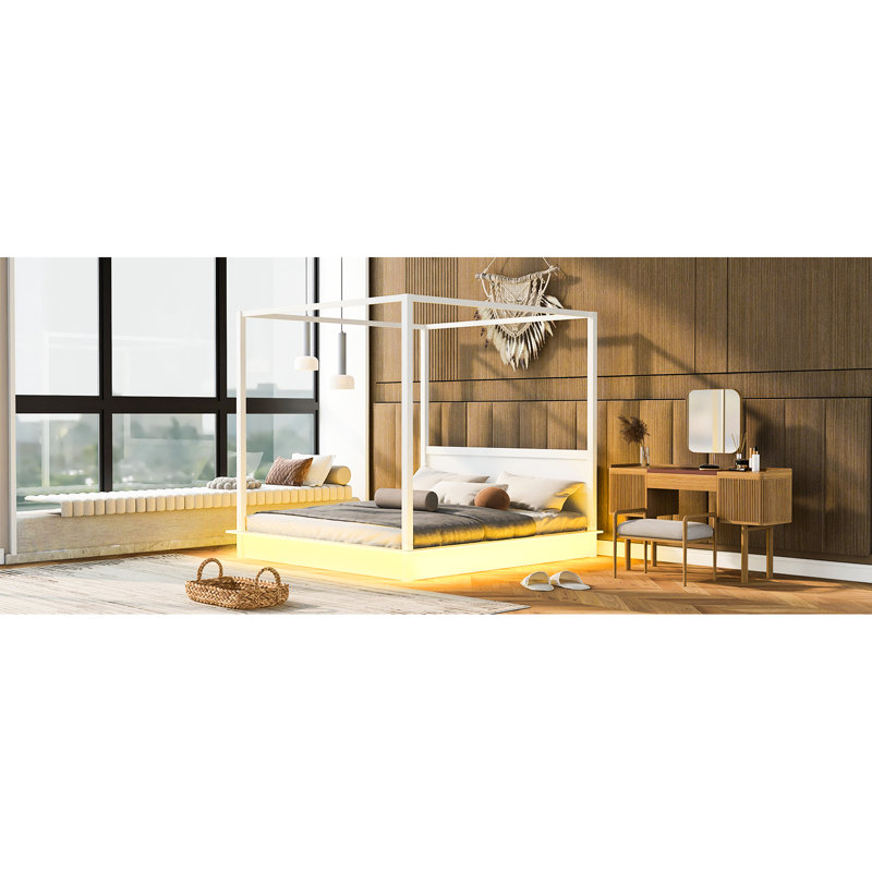 Très grand lit à baldaquin à DEL blanc, harmonie moderne et traditionnelle, lattes de soutien pour une esthétique confortable et épurée, personnalisation des rails pleine longueur