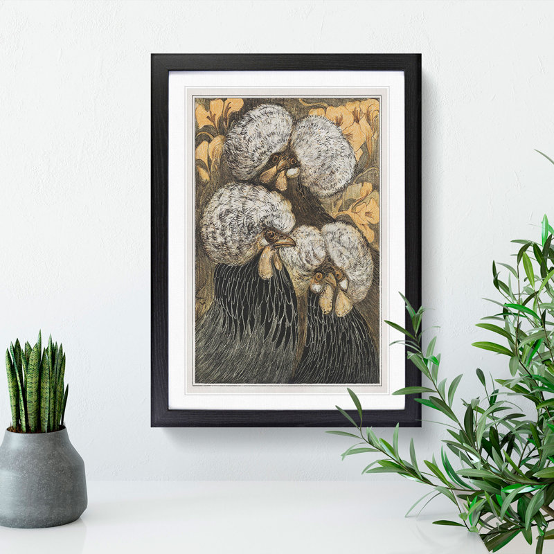 Three Crested Chickens by Theo Van Hoytema - Picture Frame Painting, Black, 48cm H x 36cm W x 2cm D
