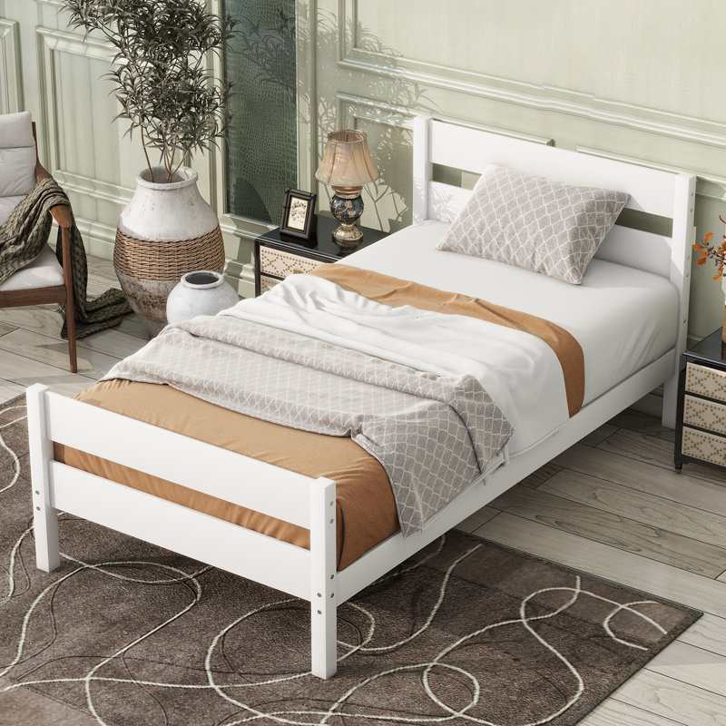 Lit plateforme simple en bois avec tête et pied de lit, Blanc