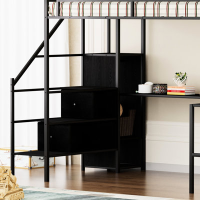 Lit mezzanine double en métal avec bureau en forme de L, lumières à DEL et garde-robe - station de recharge pour optimiser l'espace, pièce robuste
