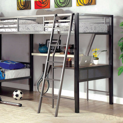 Triple Twin Size L-Shaped Bunk Bed, Contemporary Style, Built-In Workstation and Shelves - Silver