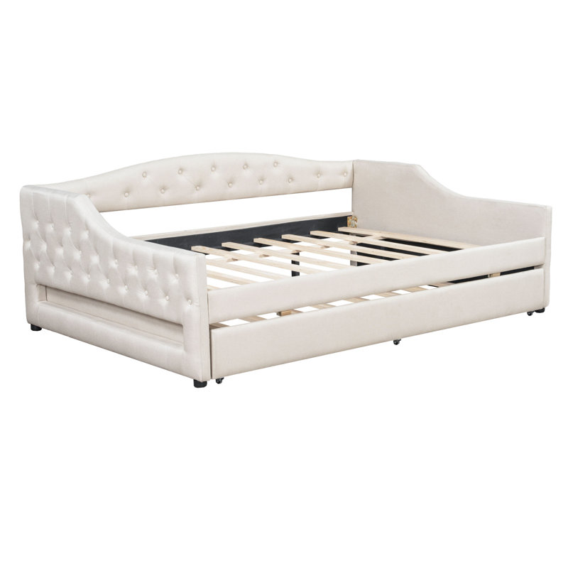 Upholstered Full XL Size Daybed with LED Belt and Trundle, Beige