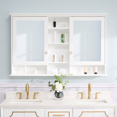 Armoire à pharmacie murale en bois massif 55 po x l 35 po avec miroir et tablettes