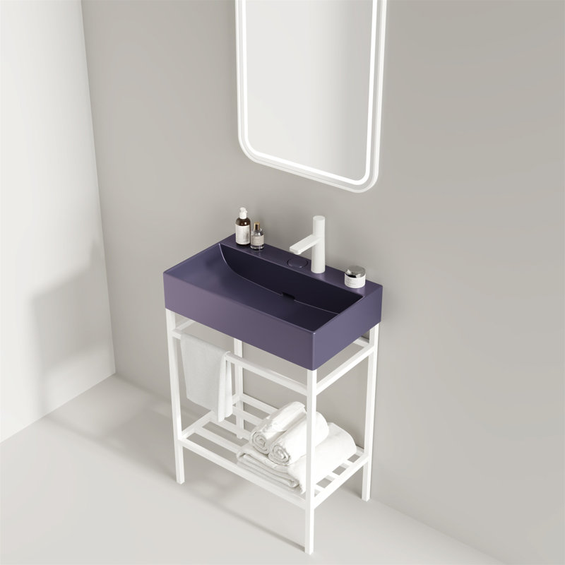 Meuble-lavabo de 24 po avec lavabo en céramique, ensemble de lavabo console sur pied, lavabo rectangulaire en céramique mauve brillant sans robinet, pieds en métal ouverts, tablettes de rangement