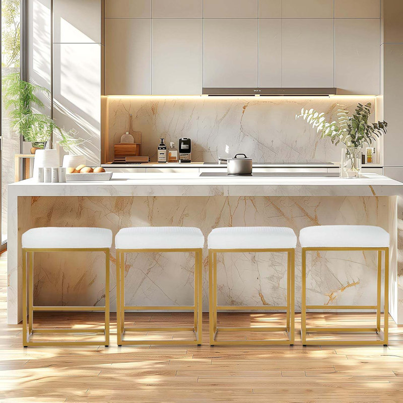 24 Inch Counter Height Bar Stools, Upholstered Bar Stools For Kitchen Island, Counter Stools With Faux Leather Cushion And Sturdy Metal Frame, Modern Barstools, White And Gold