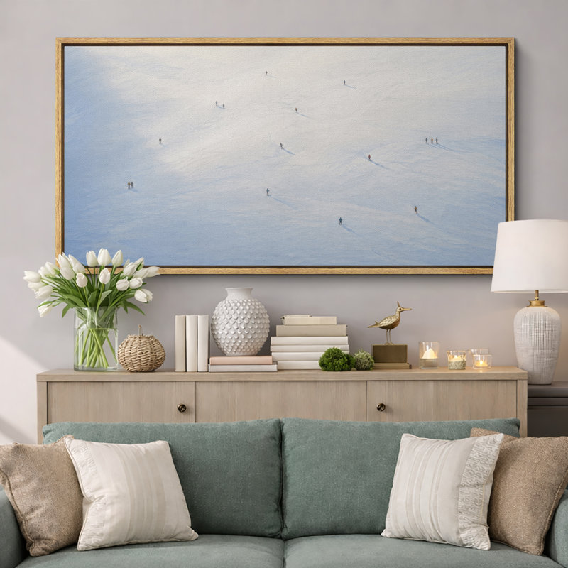 Doux bleu doux avec des skieurs lointains, H 30 po x l 60 po x P 1,5 po, Cadre naturel