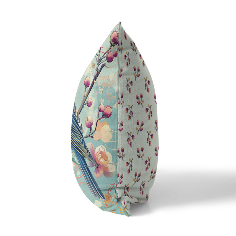 Coussin Berries and Birds, H 16 po x l 16 po, Bleu / Rose