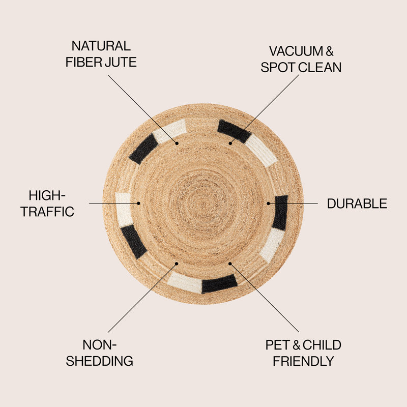 Adwin Geometric Jute Circle Natural/Cream/Black Rug, Round 6'1"