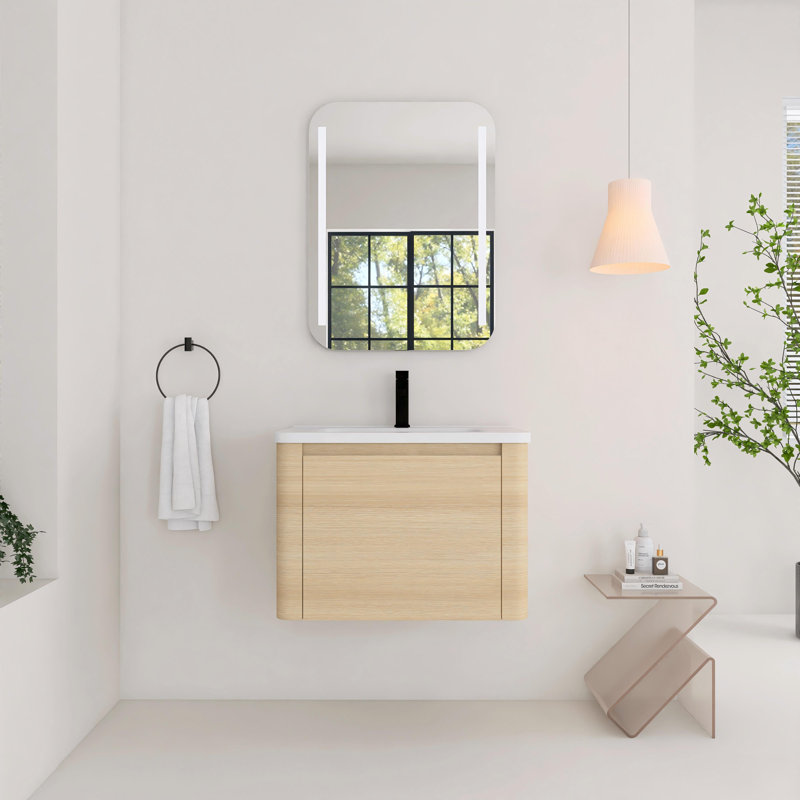 28 Inch Wall-Mounted Bathroom Vanity With Ceramic Sink and Soft-Close Door, American White Oak, 28"