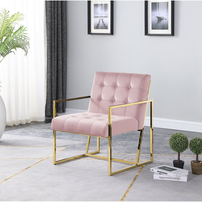 Mcfarlin Square Frame Velvet Accent Chair , Pink/Gold Velvet , Gold
