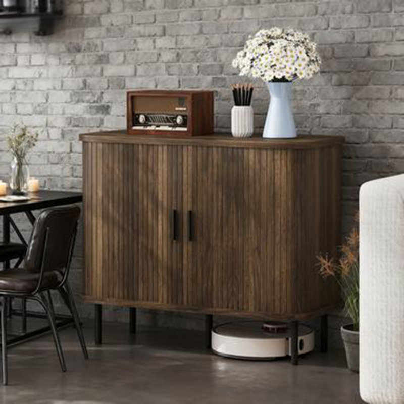 35.4" Sideboard Buffet Cabinet with Storage, Nordic Coffee Bar Cabinet with Slatted Tambour Doors and Metal Legs, Kitchen Credenza, Walnut,wood