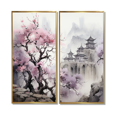 Pink Floral Japanese Panorama Landscape I - Landscapes Japan Wall Decor